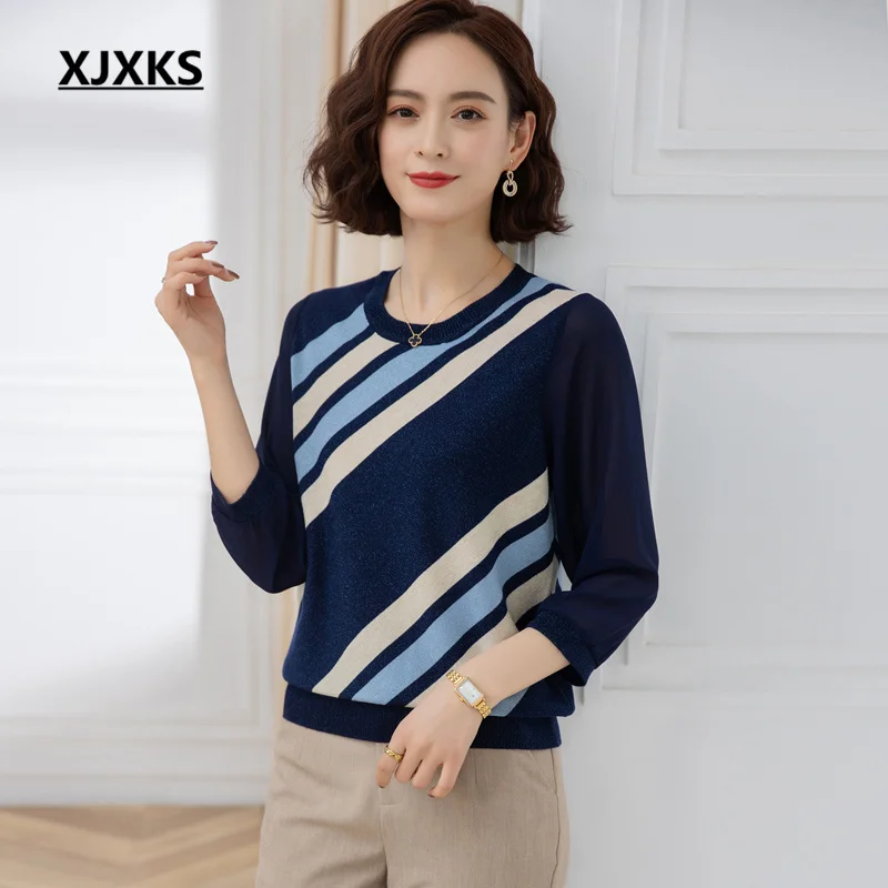 

XJXKS 2023 Spring Autumn New Fashion Seven-part Sleeve Women's Pullover Stitching Loose Oversize Knitted Ladies Thin Sweater