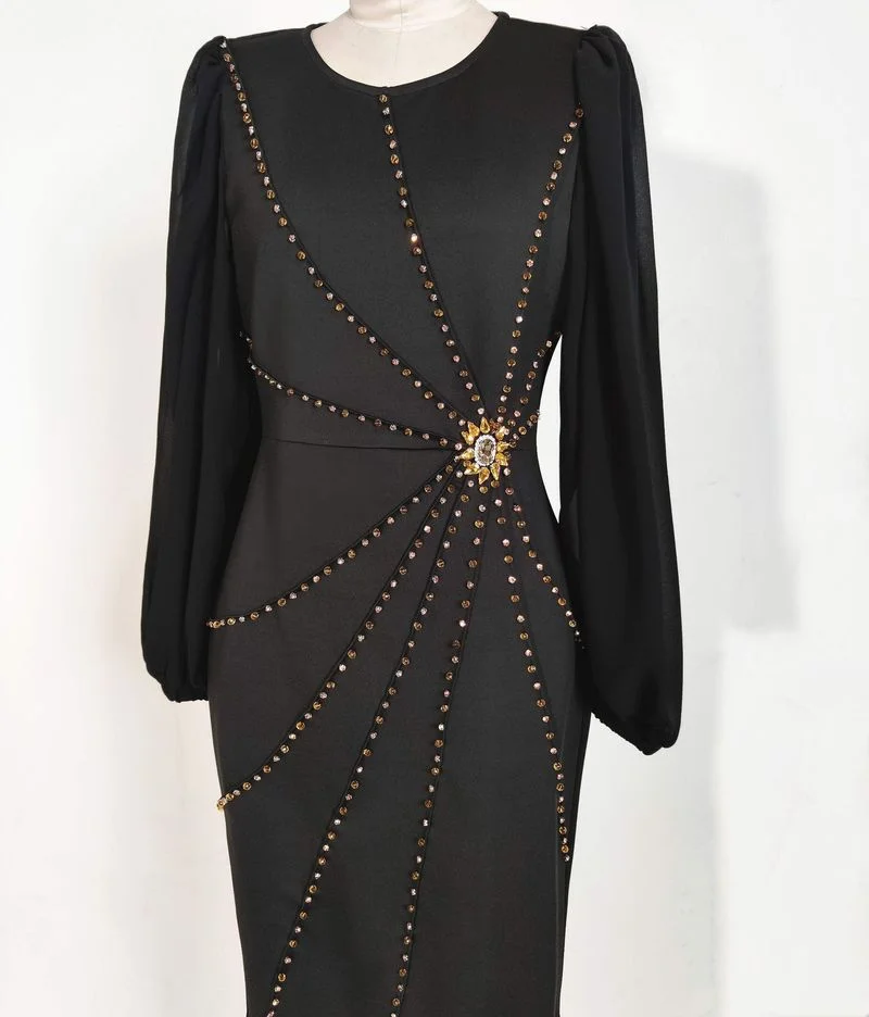 Handmade Embroidered Crystal Maxi Dress Women Muslim Gorgeous Black Bishop Sleeve Stretchy Morocco Party Gown Eid Clothing Islam