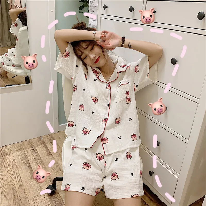 Летний пижамный комплект с мультяшным принтом свиньи Женский однобортный костюм