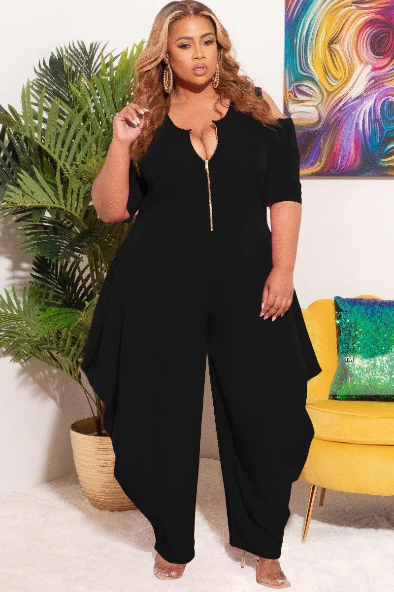 Plus Size 2023 Fashion New Women's Solid Color Sexy Zipper Loose Round Neck Short Sleeve Casual Jumpsuit