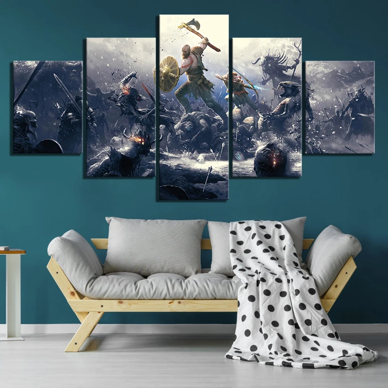 

5 Panels Wall Art Canvas Print Game Poster Kratos God Of War Living Room Wallpaper Picture Painting Home Decoration Framework