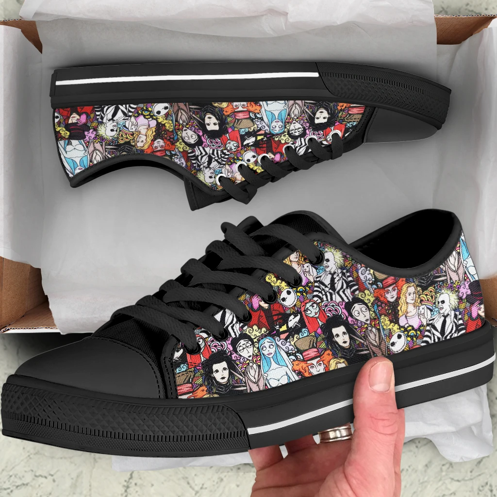 

ELVISWORDS Low Top Sneakers for Women American Horror Movie Killer Print Fashion Casual Ladies Lace Up Vulcanized Canvas Shoes
