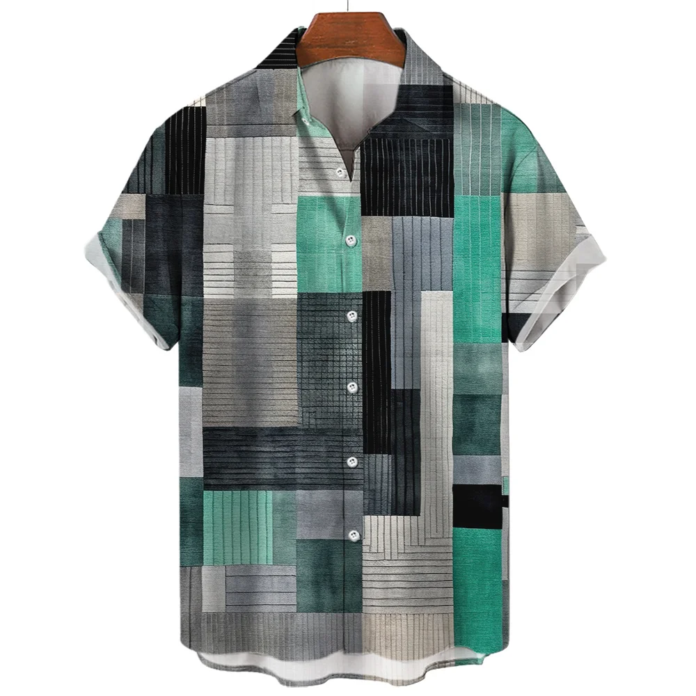 

Men's Vintage Shirts Summer Male Casual Shirts Check Printing Hawaiian Short Sleeve Clothing Beach Holiday Man Lapel Button Tops