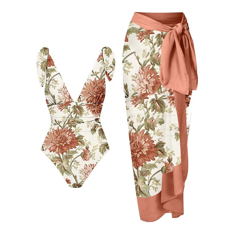 

Retro Floral Print Bikinis 2023 New Fashion Deep-v Swimsuit One Piece Women's Bathing Suit Swimwear Beach Outfits Surf Wear Slim