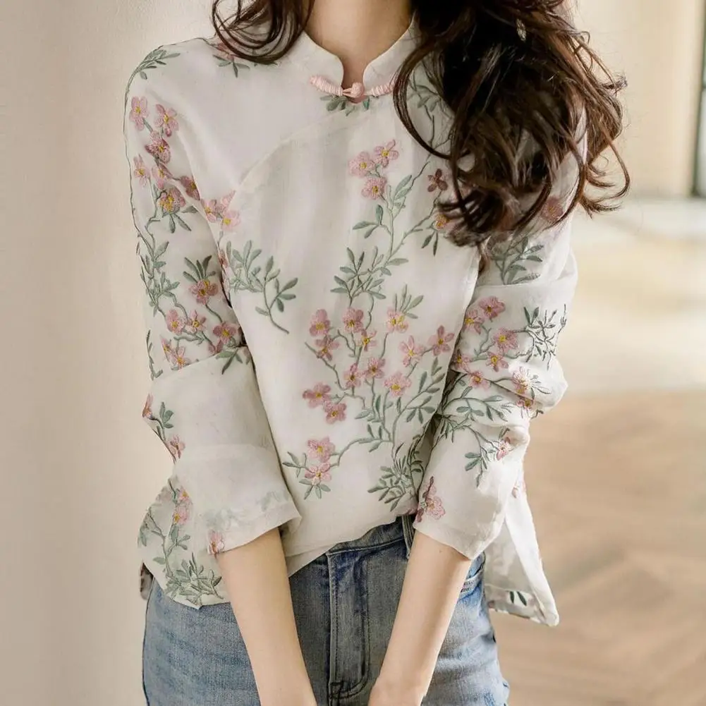 

Элегантная льняная рубашка-Ципао в китайском стиле, высококачественные Осенние Топы с длинным рукавом и цветочной вышивкой, блузка из хлоп...