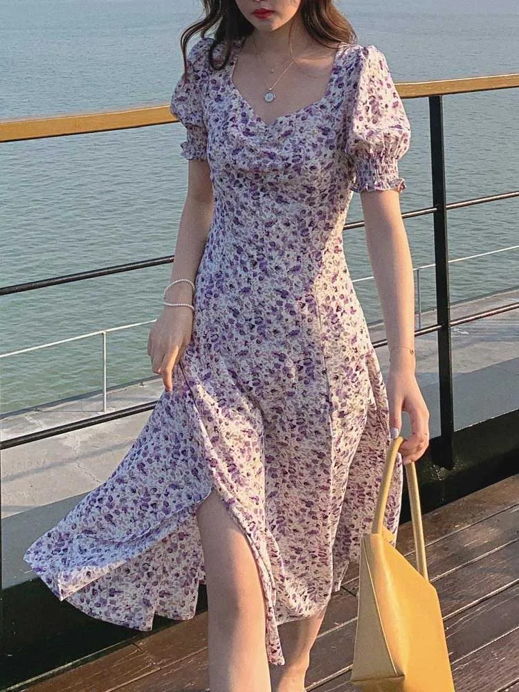 

French Floral Dress for Women Fashion Designer Party Lady Midi Robes Puff Sleeve V-Neck Women's Dresses Sweet Female Vestidos