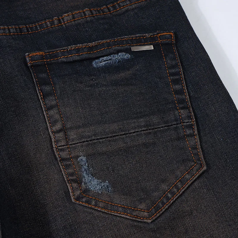 Fashion Men's Jeans Hip Hop Stretch Skinny Jeans Streetwear Ripped Yellow Patch Denim Pants High Quality Washable Cotton Trouser