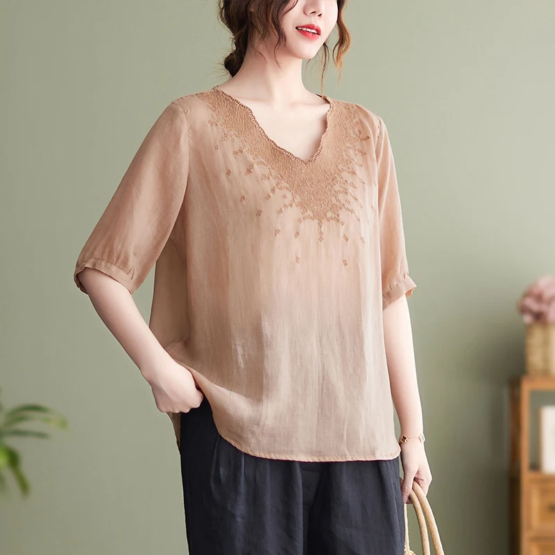 

Женская свободная рубашка с V-образным вырезом, с коротким рукавом