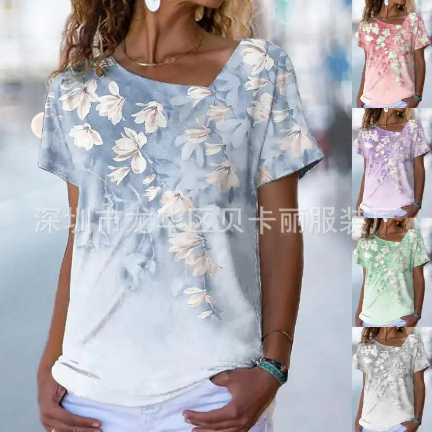 

2022 Summer New Floral Print Short Sleeve Diagonal Neck Loose Women's T-Shirt