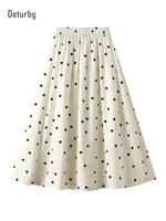 womens vintage polka dot flocking skirt color block elastic high waist white pleated midi long a line skirts 2022 summer k80