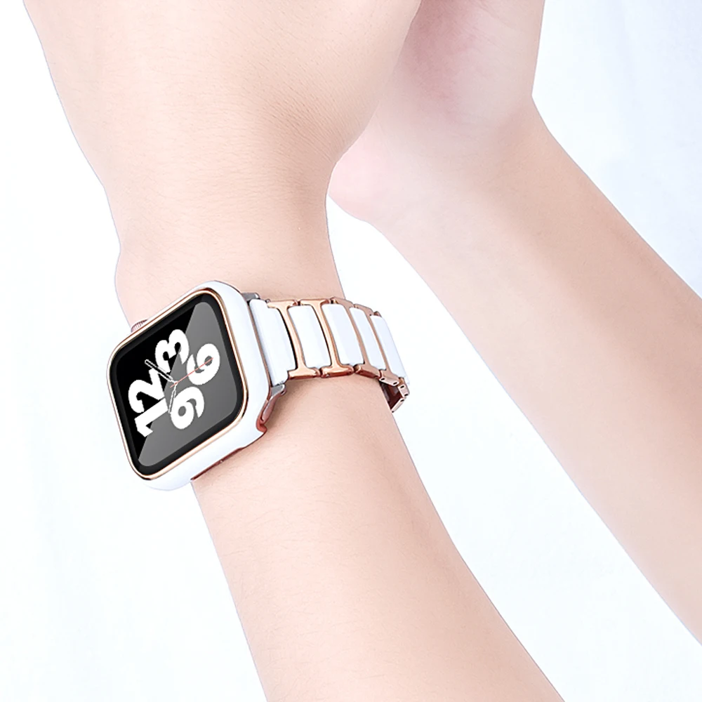 Керамический ремешок и чехол для Apple Watch band 44 мм 45 42 звеньевой браслет iWatch series 7 6 5 4 3