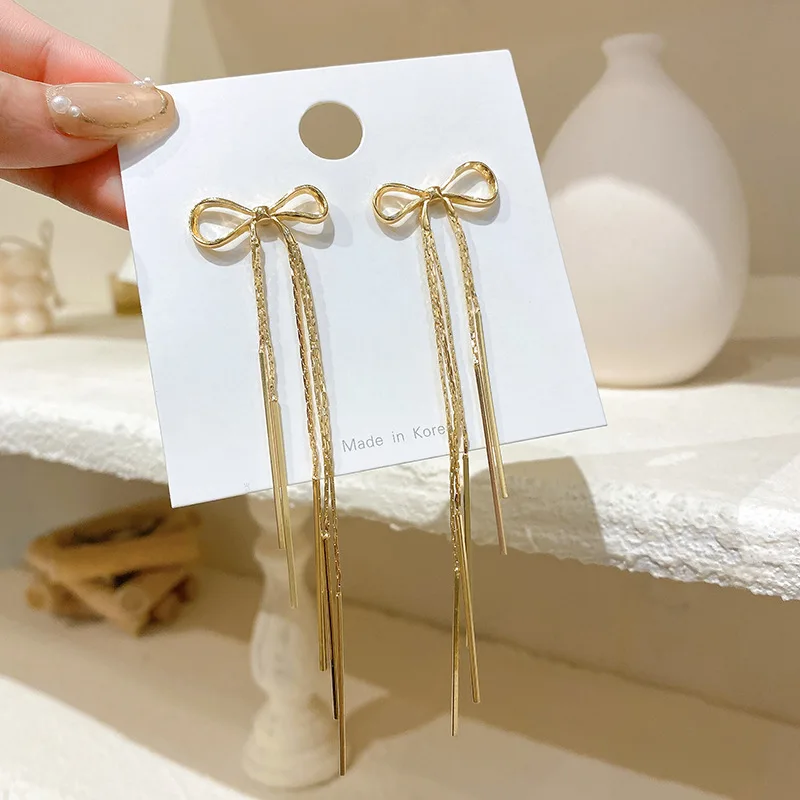 Модные металлические гладкие длинные серьги Kpop с кисточками и бантом для женщин