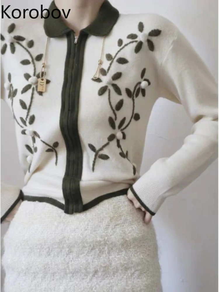 

Korobov Vintage French Fashionable Sweater Lapel Temperament Knitting Zipper Cardigan Mujer Embroidery Korean Fashion Tops
