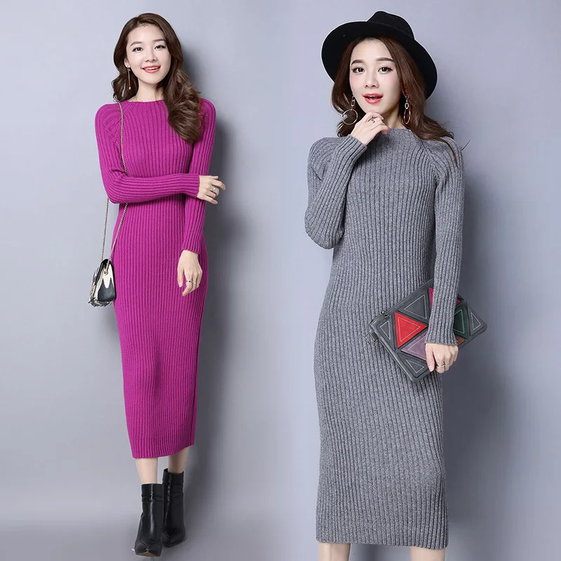 

Autumn Winter Slim Long Sweater Knitted Dress Woman Skinny Sheath below the Knee Warm Bottoming Knitted Dress for Women