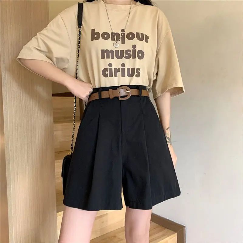 Khaki Suit Shorts Women Summer New Fashion Button Baggy Wide Leg Half Pants Korean Style Casual Female Clothing Plus Size