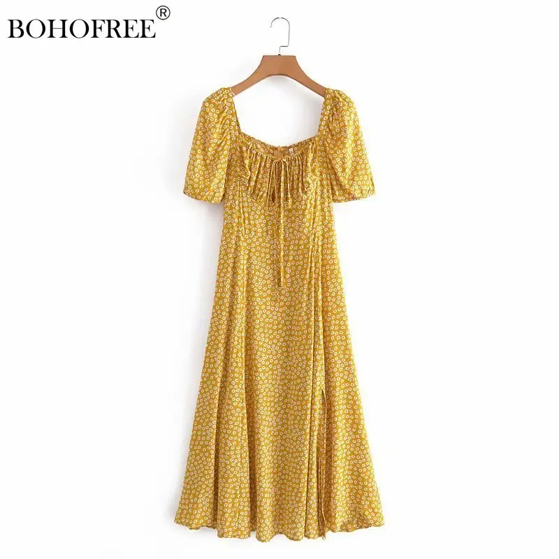 

Autumn New Yellow Daisy Floral Print Long Dress Split Hem Short Sleeve Maxi Hippie dresses for women summer dress women