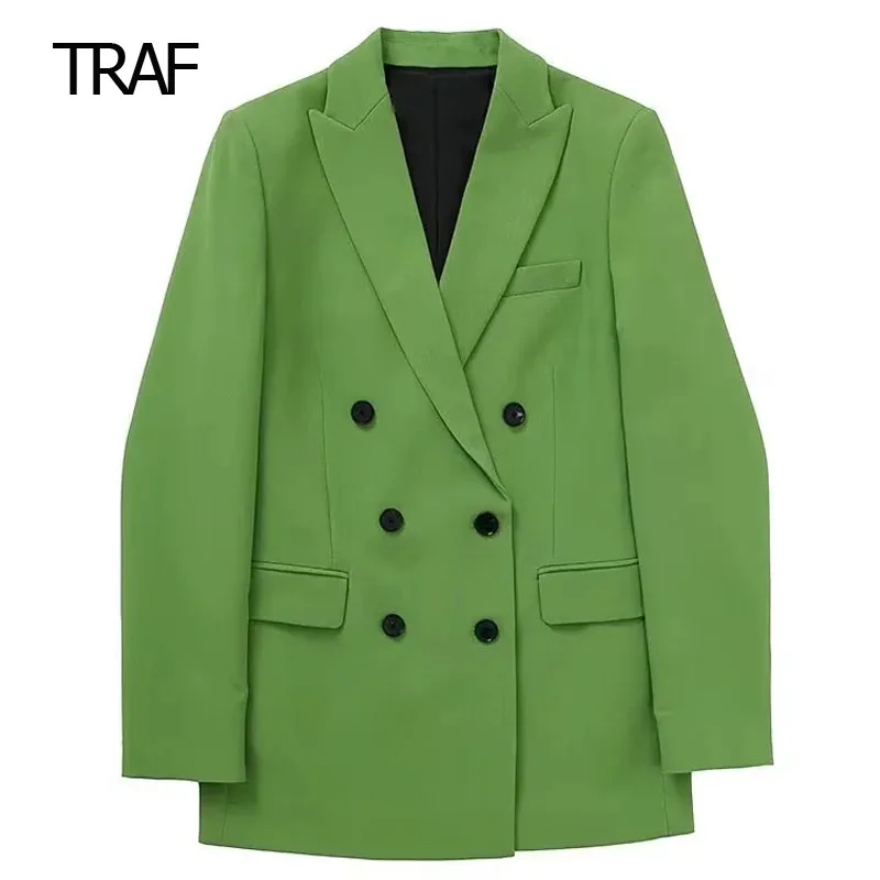 

TRAF Twill Green Blazer For Women Autumn Long Sleeve Flaps Pocket Blazer New In Outerwear Elegant Luxury Designer Blazers Women