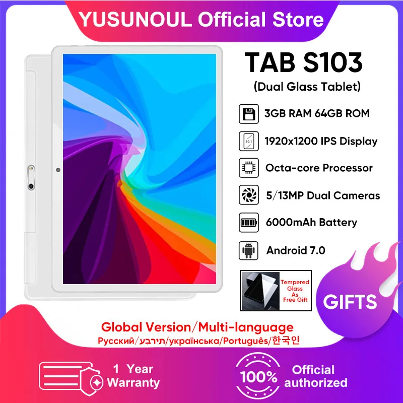 High-defined YUSUNOUL Super Glass 1920*1200 IPS 5/13MP 64GB Storage 10 inch Google Play 4G Phone Call Tablet WiFi Bluetooth GPS