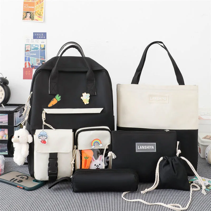 

5Pcs/Set Canvas Preppy Style Kawaii Women Backpacks for School Teenage Girls Bookbag Student Travel Backpack College Back Pack