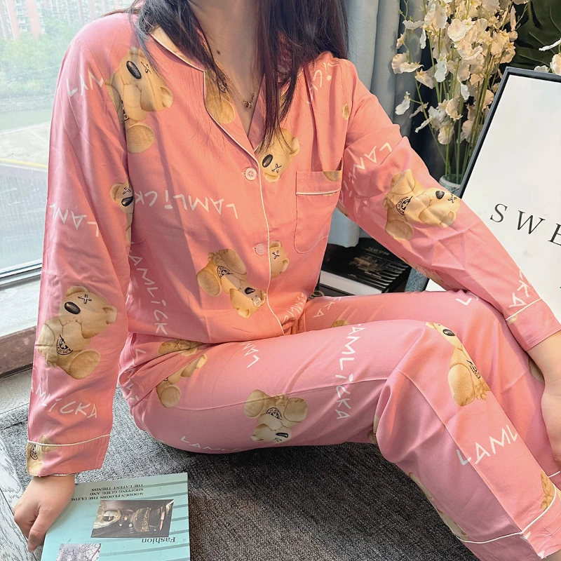 New Pajamas for Women's Spring and Autumn Comfortable Pink Long-sleeved V-neck Home Service Two-piece Suit Can Be Worn Outside