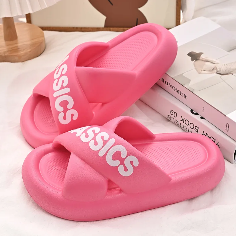 Fashion Letter Cross Slippers Summer Women's Slippers Thick Soft EVA Bottom Men Sandals Female Home Shoes Beach Summer Slippers