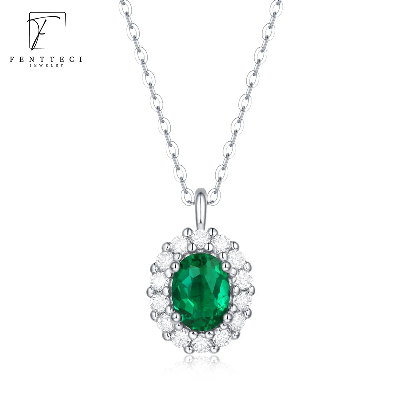 FENTTECI Classic S925 Sterling Silver High-end Luxury Emerald Necklace Zircon Gemstone Pendant for Women Jewelry Gift