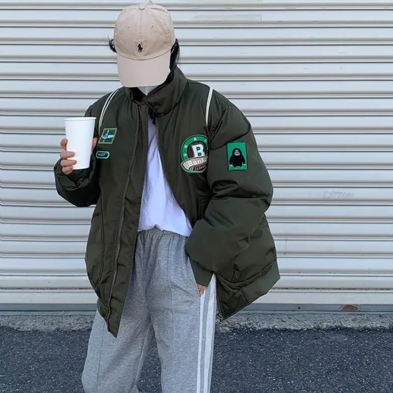Street Fashion Embroidery Jacket Women'S Winter Cotton Parka Hip Hop Zipper Harajuku Loose Warm Coat Casual