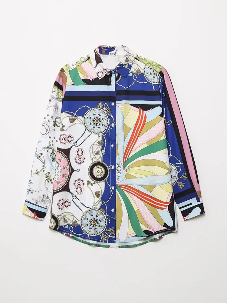 

DYLQFS 2022 Autumn Women Fashion Printed Shirt Versatile Long Sleeve Single-breasted Lapel Female Mid-length Shirt Chic Top