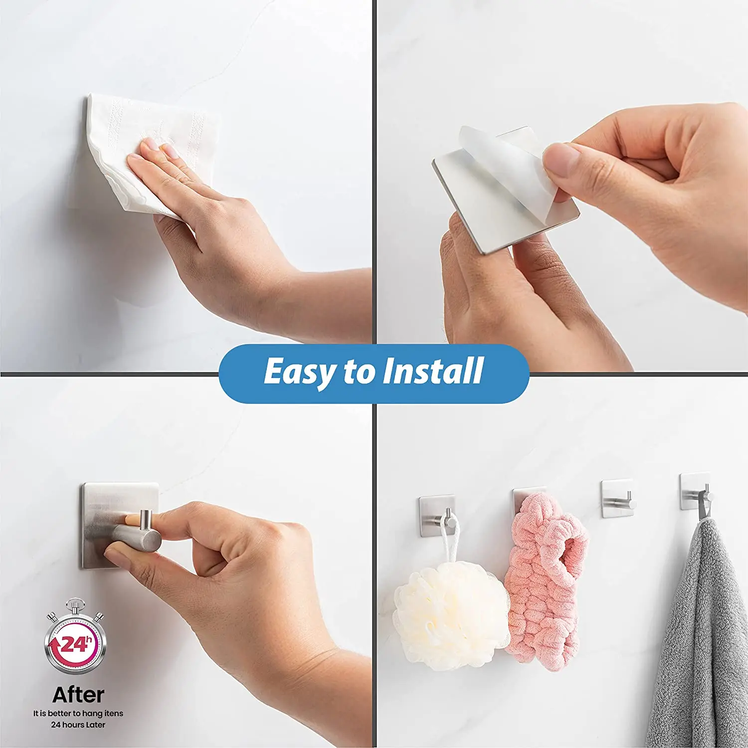 

Steel Shower Stick on Wall Hooks for Hanging Towels Waterproof 304 Stainless for Bathroom Towel Hanger Brushed Nickel 4 Packs