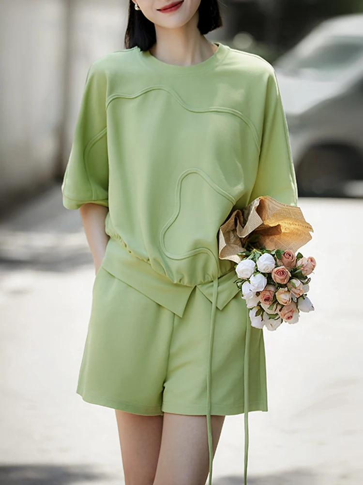 

A GIRLS Summer Casual Green Two Piece Set Women 2023 Lace Up O Short Sleeved Tops+Elastic Waist Short Pants Suit Female Simple T
