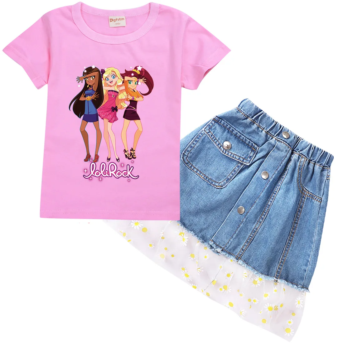 

Kids Girls LoliRock Cartoon Print Children Summer Cotton Short Sleeve T-Shirt Denim Skirt Lace Cute Fashion Casual Suit