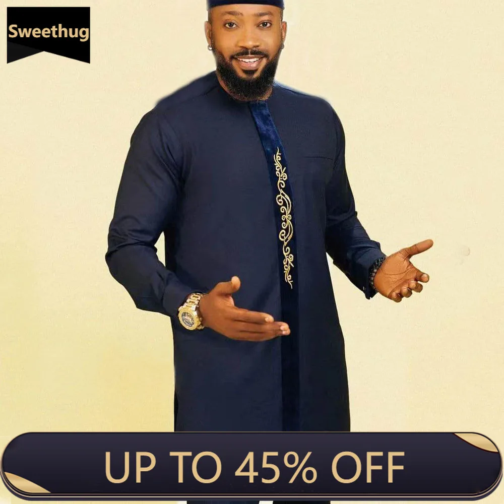 

Spring and summer African clothing cotton solid color splicing long sleeve Pullover wedding banquet men's national style shirt