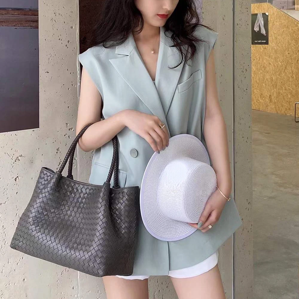2022 Genuine Leather Luxury Weaving Handbags Women's Fashion Knitting Large Capacity Designer Woven Top-Handle Commuter Bag