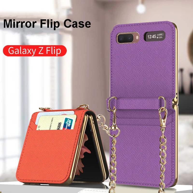 

Luxury Flip Makeups Mirror Magnetic Cover for Samsung Galaxy Z Flip 5G F7070 F7000Card Slots Pocket Case Chain Shoulder Strap