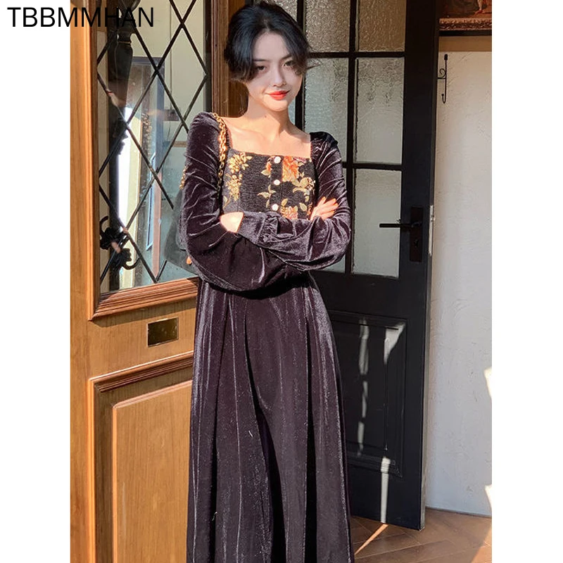 

Винтажное бархатное черное платье, женское вечернее платье миди с квадратным воротником и длинным рукавом, женское повседневное цельное пл...