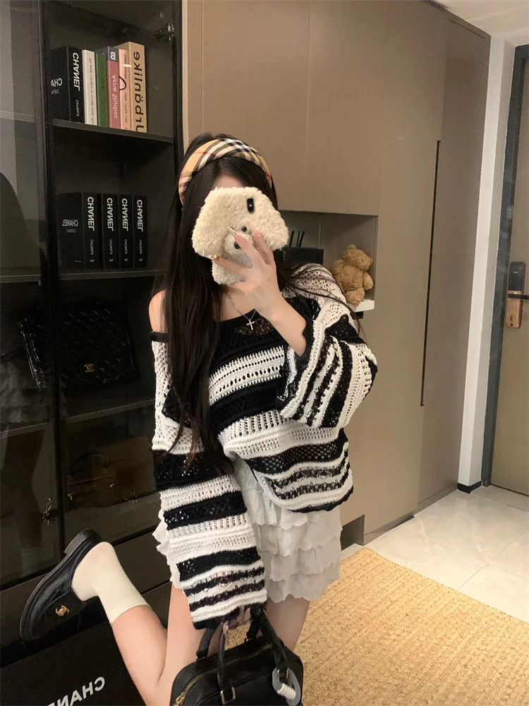 Полосатая блузка с защитой от солнца из вискозы вязаная для кондиционера женский