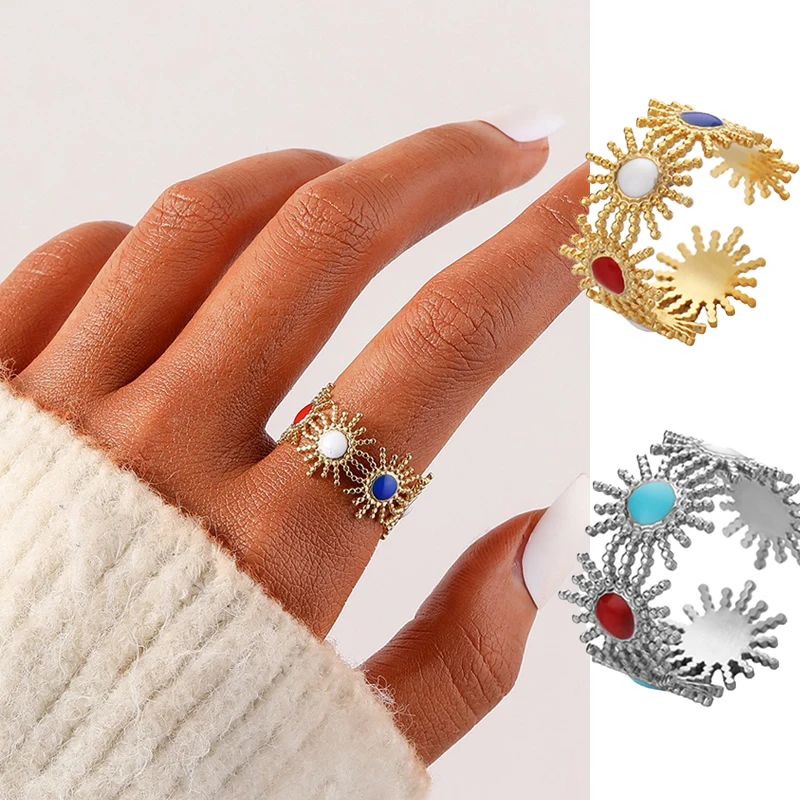 

Vintage Multicolor Enamel Rings for Women Real Gold Plated Stackable Stainless Steel Sun Opening Ring Fashion Jewelry Party Gift