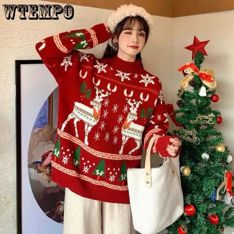

Christmas Red Sweater Sweet Loose Casual Warm Women's Knit Embroidery Pullover Pull Jumper American Fashion Autumn Winter