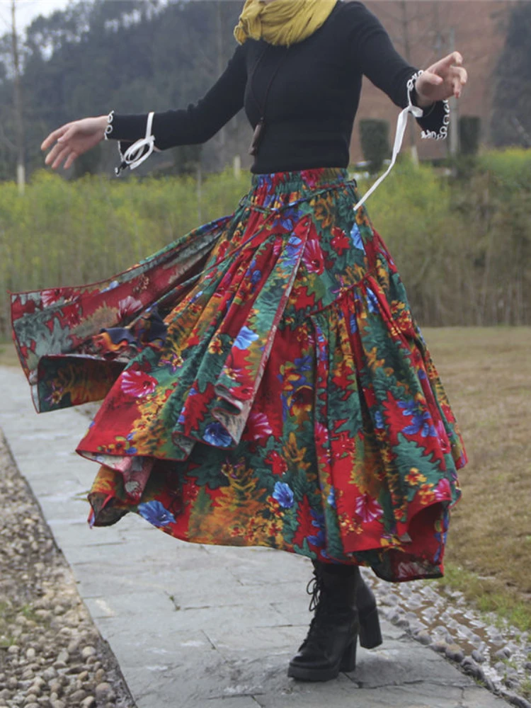 

Spring Ethnic Style Retro Women Skirts Flower Print Long Cotton Linen Skirt Women Elastic Waist Irregular Maxi Skirt Flada Mujer