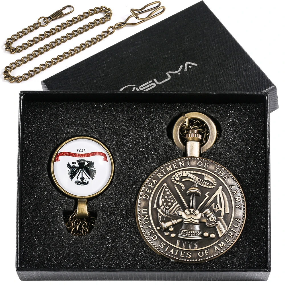 Vintage Bronze Quartz Pocket Watch US Army Commemorative Collection Gift Set Men's Pendant Necklace Pocket Watch Fob Chain