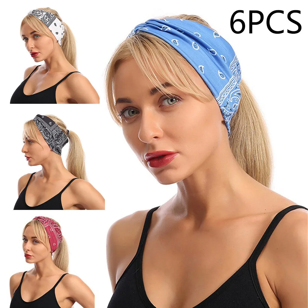 

6pc Women Girls Summer Bohemian Hair Bands Print Headbands Vintage Cross Turban Bandage Bandanas Hairbands Hair Accessories