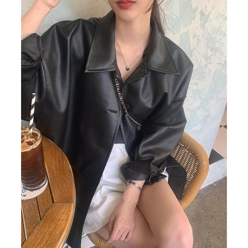 Black Faux Leather Shirt Jacket Women Spring Autumn 2023 New Fashion Single Breasted Casual Loose All-match Leather Coats jacken