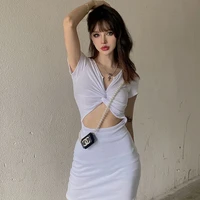 white exposed navel thin dress sexy style summer hollow out v neck short sleeve dress women crop skirt ladies fashion luxury new