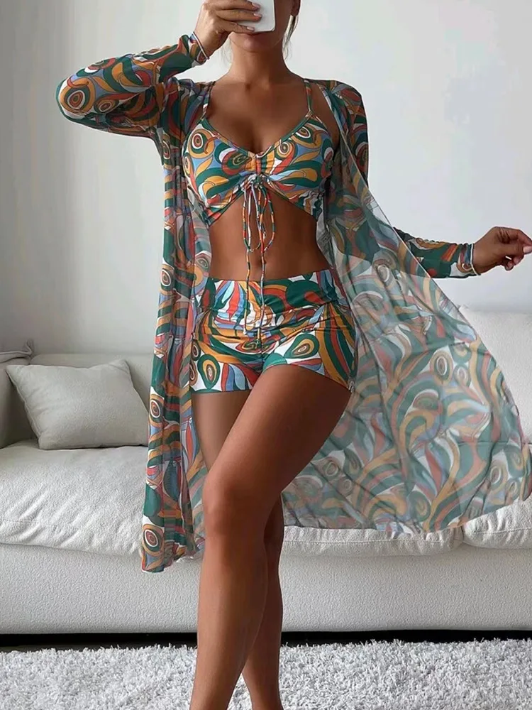 

Holifeni Tropical Allover Print Bikini 3pack Drawstring Ruched Cover Up Women Swimsuit 2023 Long Sleeve Swimwear Beach Wear