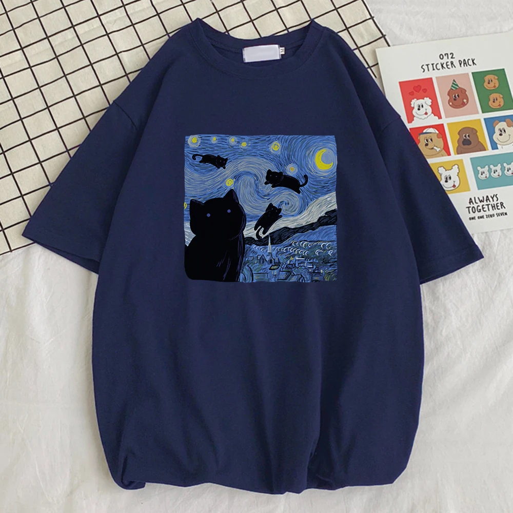 

2023 New Pattern Famous Summer Starry Night Cute Cat Printing Classic Men's T-Shirts Crewneck Style Loose Fashion Healthy Tees