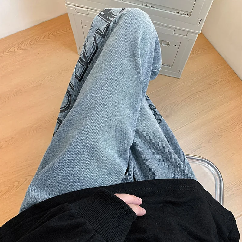 Wide Jeans for Men Street Style Fashion Printing Denim Trousers Baggy Straight Pants Vintage Y2K Bottoms Plus Size Male Clothes