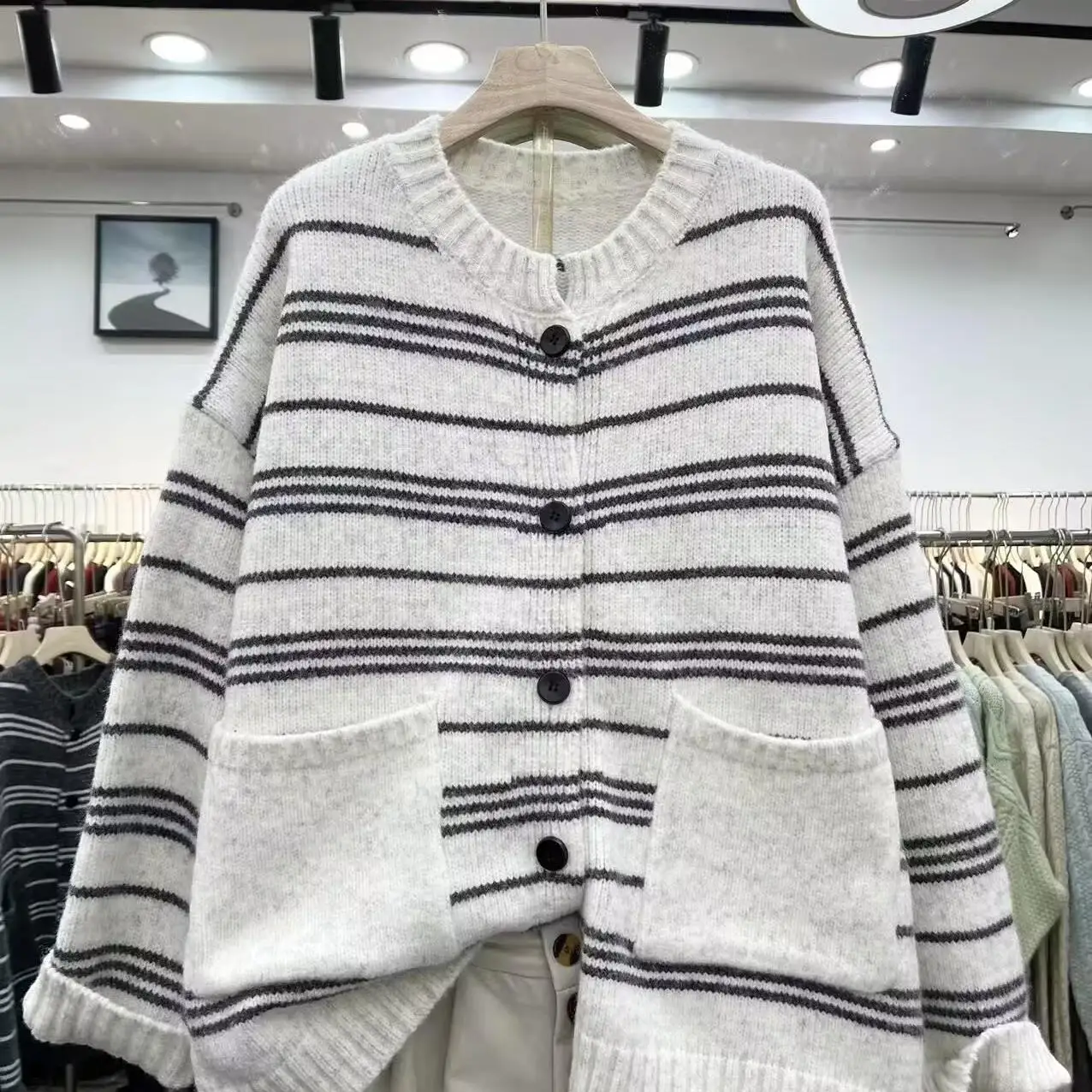 Вязаный кардиган в полоску женский осенне-зимний новый однобортный свободный