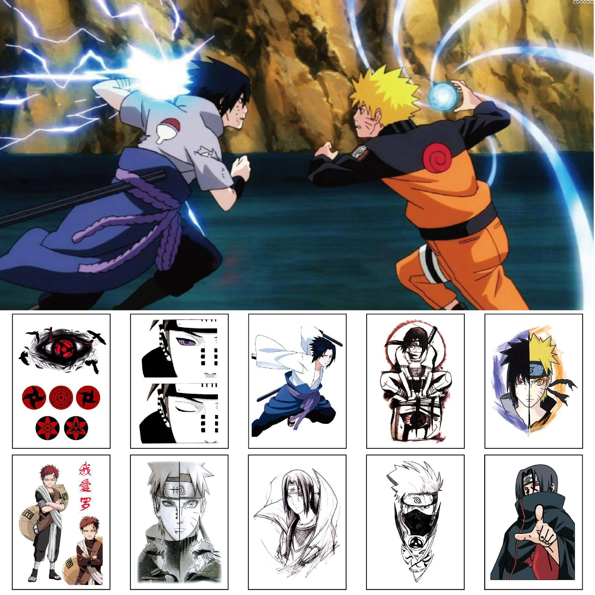 

10pcs/set Naruto Sasuke Cosplay Anime Cartoon Logo Waterproof Animation Cartoon Logo Temporary Tattoo Stickers Art Fake Tattoo