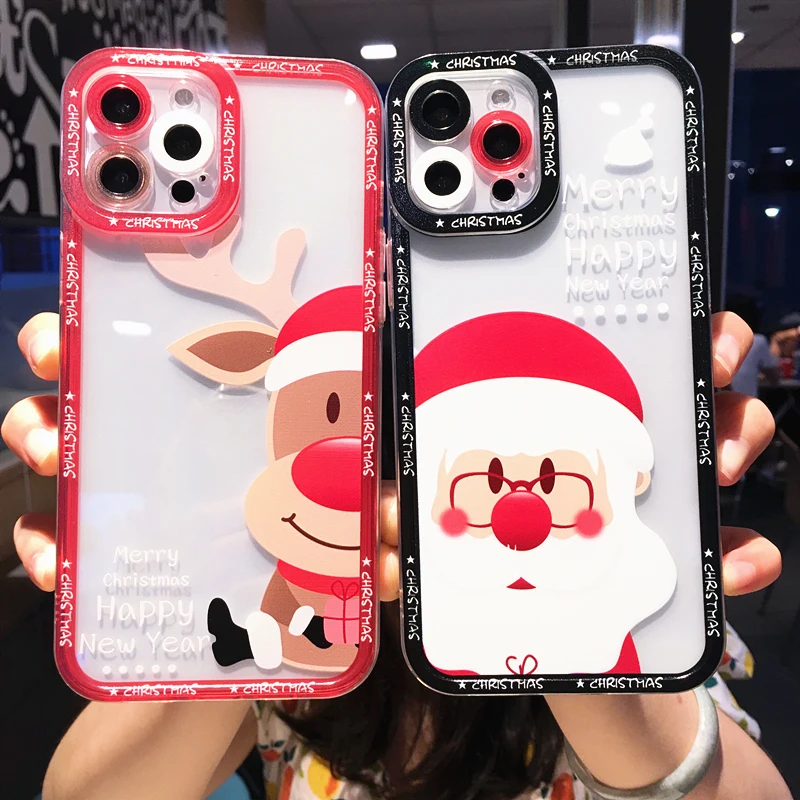 

Christmas Cute Cartoon Elk Santa Claus Phone Case For iPhone 14 Pro Max 13 12 11 X XS XR 7 8 Plus Transparent Shockproof Cover