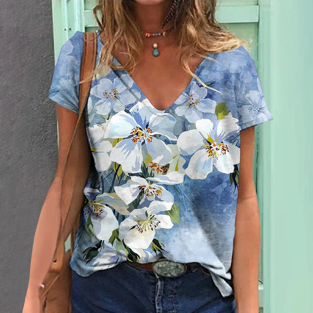 

2023 New Women's T-shirt 3D Print Floral Graphic Short Sleeve Girls Tops V Neck Tees Harajuku Clothes Female Daily Casual Shirt